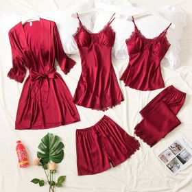 Women's Summer Ice Silk Pajamas With Chest Pad (Option: Red-M)
