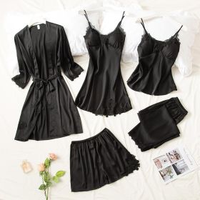Women's Summer Ice Silk Pajamas With Chest Pad (Option: Black-XL)