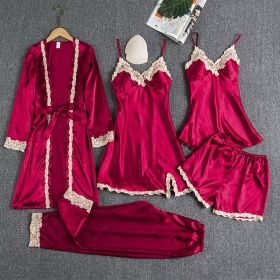 Women's Summer Ice Silk Pajamas With Chest Pad (Option: Red D-XL)