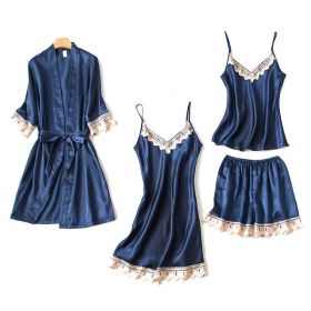 Women's Summer Ice Silk Pajamas With Chest Pad (Option: Blue-M)